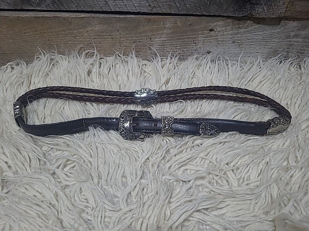 VTG J.G. Hook Brown Double Woven Weave Leather Belt Silver Buckle Ornate M